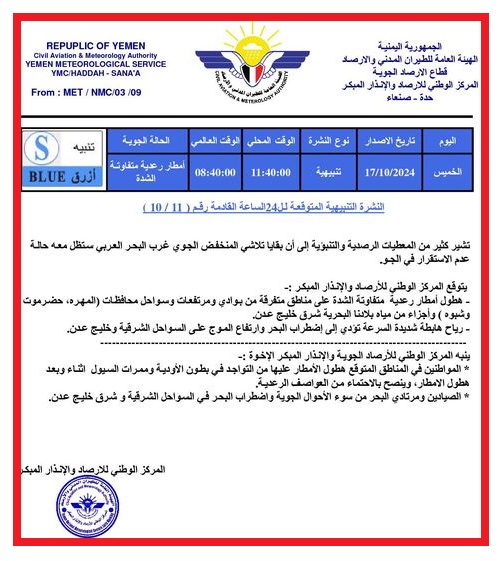 أرصاد اليمن يتوقع حالة عدم استقرار للجو إثر تلاشي المنخفض الجوي غرب بحر العرب