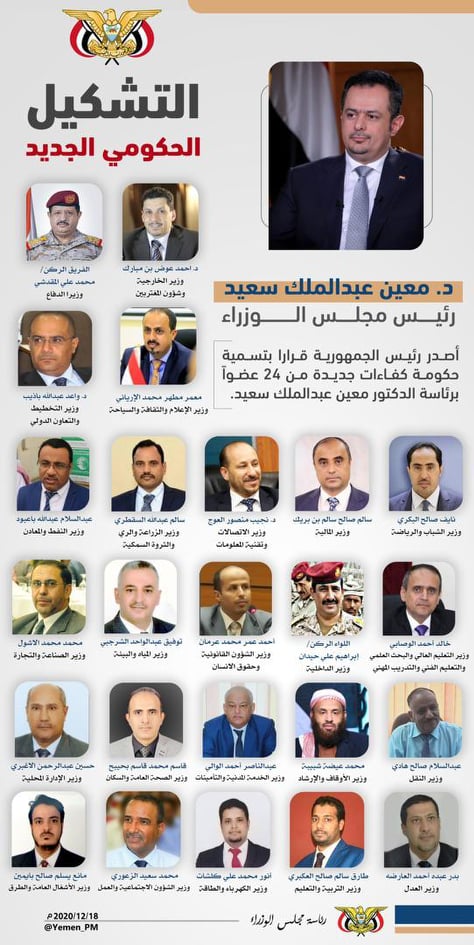 تشكيلة الحكومة اليمنية الجديدة برئاسة معين عبدالملك